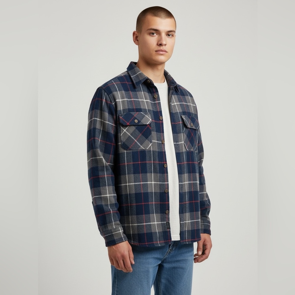 Jachs Blue Grey Plaid Flannel Shirt Button Up‎ Long Sleeve Mens Medium